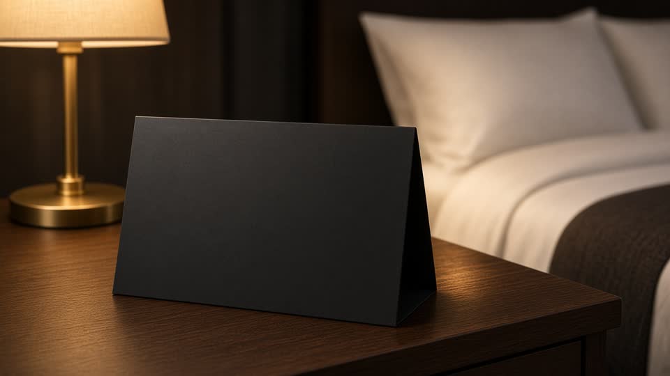 Sample Tippnez tent card on a hotel nightstand. Demo, not a live code.