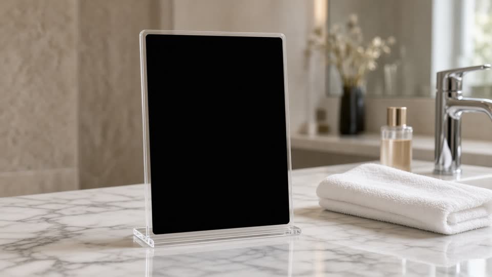 Sample Tippnez card in a clear stand on a hotel vanity. Demo, not a live code.